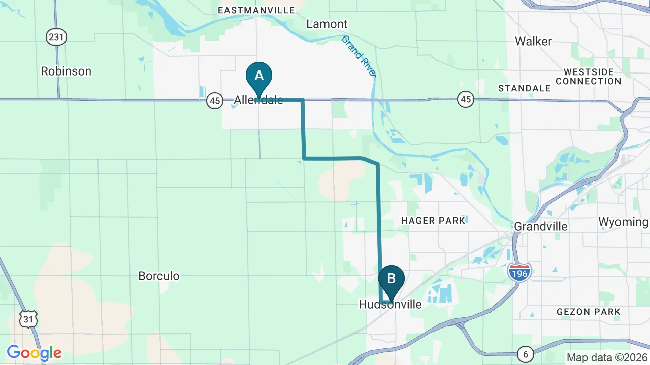 Driving directions map from Allendale, MI to Care Natural Wellness Center in Melbourne