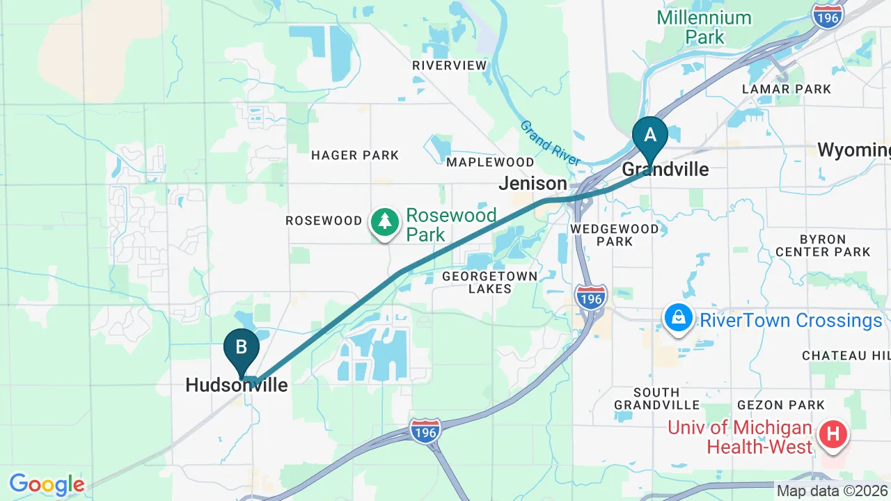 Driving directions map from Grandville, MI to Care Natural Wellness Center in Melbourne