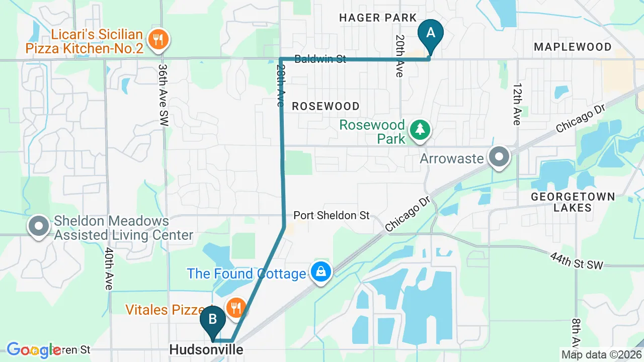 Driving directions map from Jenison, MI to Care Natural Wellness Center in Melbourne