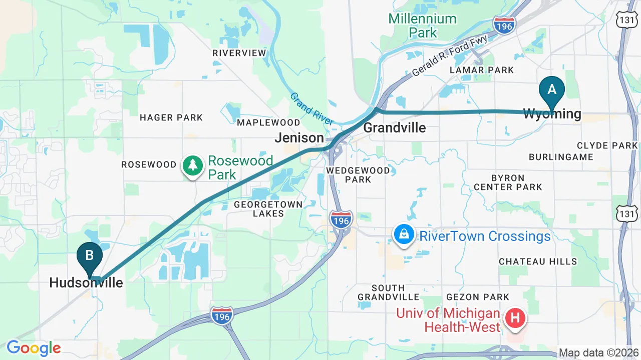 Driving directions map from Wyoming, MI to Care Natural Wellness Center in Melbourne