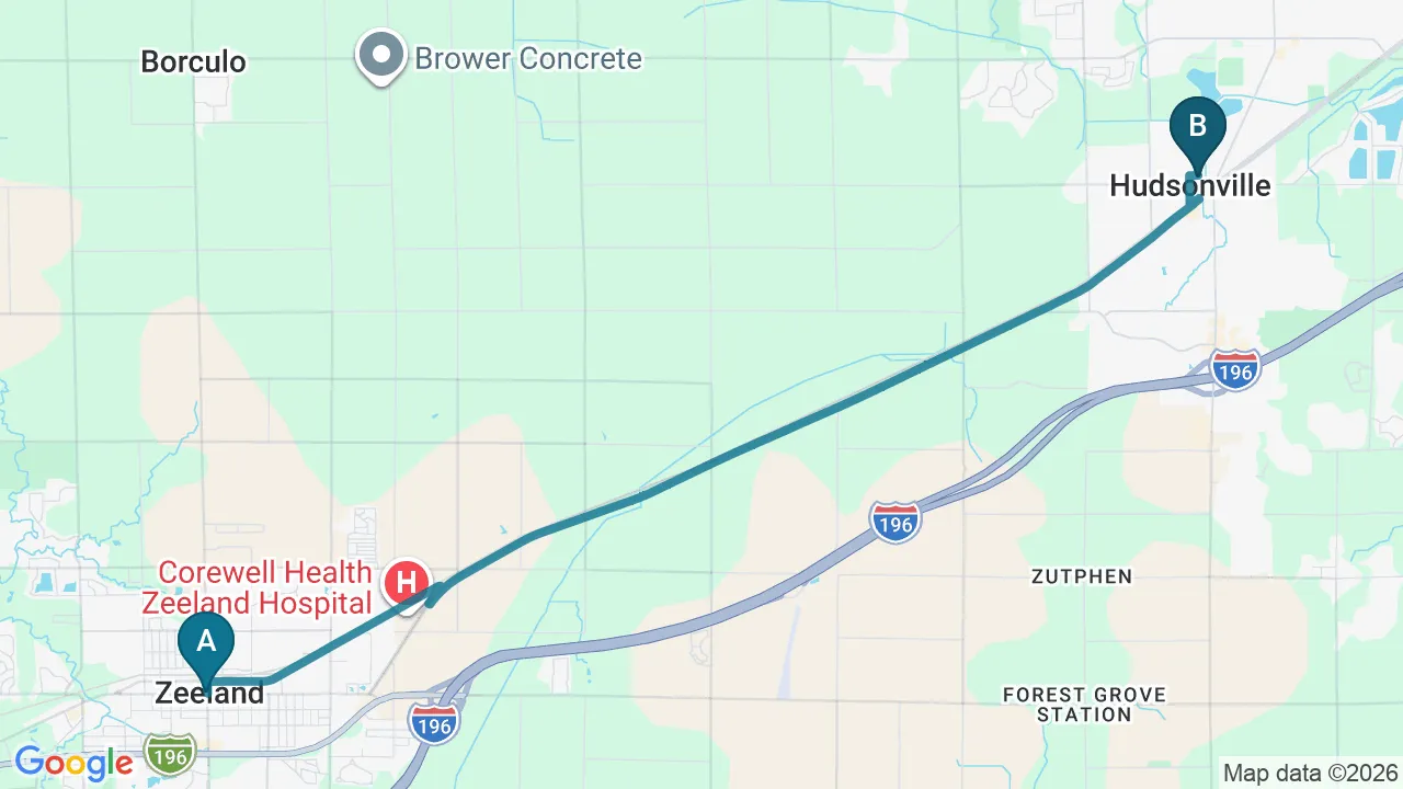 Driving directions map from Zeeland, MI to Care Natural Wellness Center in Melbourne